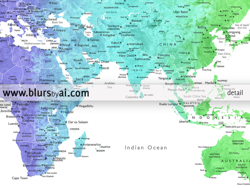 Custom quote - printable colorful gradient watercolor world map with cities, capitals, countries, US States... labeled. Color combination: Jude