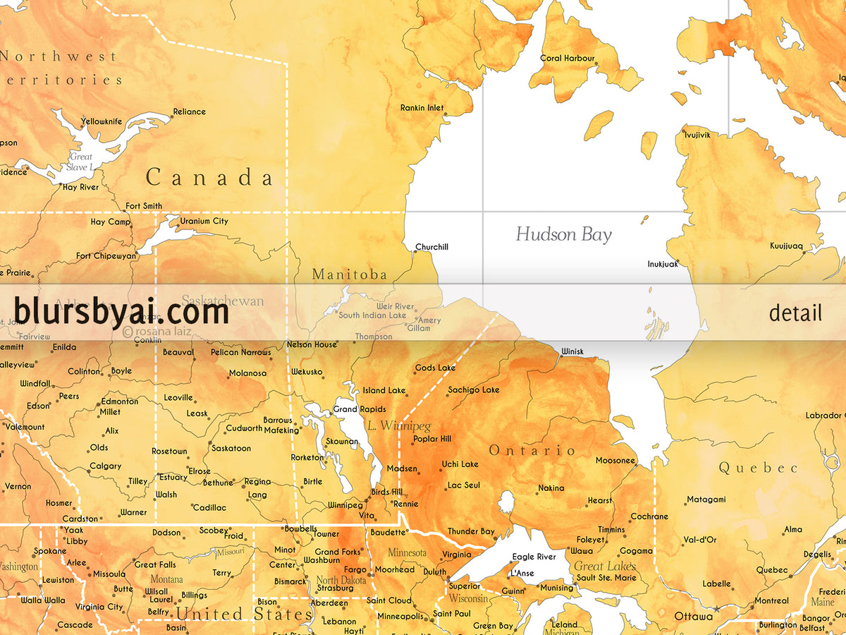 Custom world map print - highly detailed map with cities in bright colorful watercolor. "Edna"