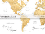 Custom world map with cities, canvas print or push pin map in faux gold foil effect. "Rossie"