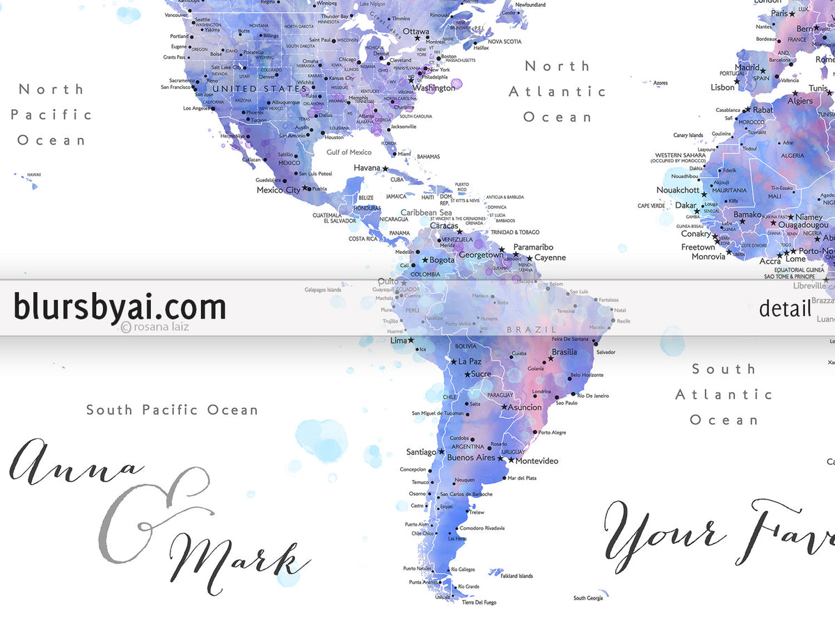 Custom print: detailed world map with cities in blue and pink. "Zora"