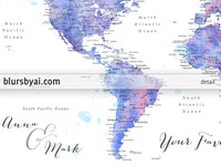 Custom print: detailed world map with cities in blue and pink. "Zora"