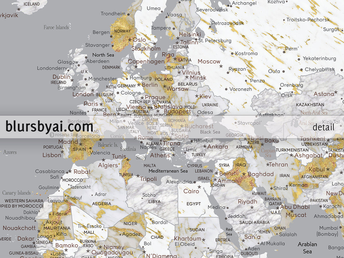 Custom print: marble world map with cities in gray and gold. "Reagan"