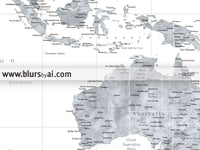 Multi panel, custom highly detailed world map print - Grayscale watercolor world map with cities. "Jimmy"