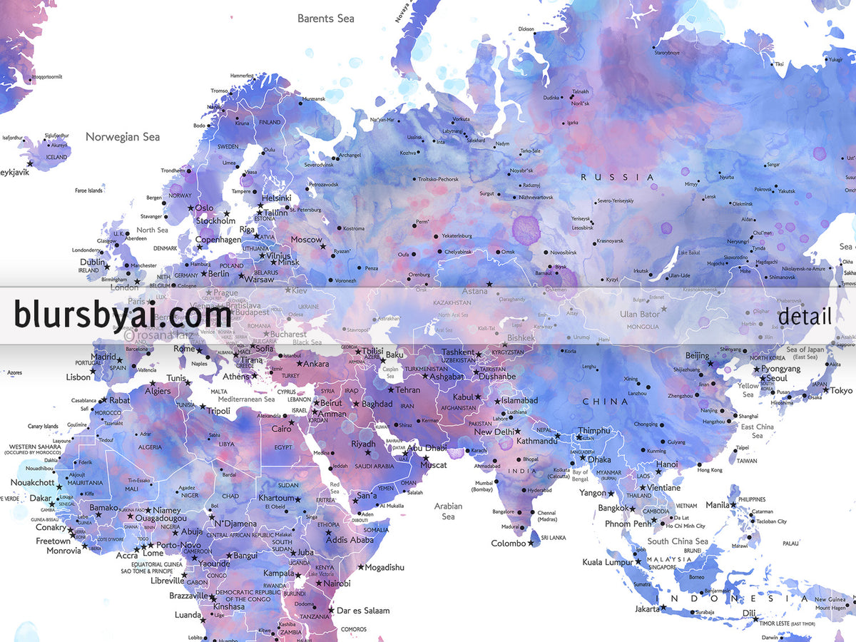 Custom print: detailed world map with cities in blue and pink. "Zora"