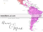 Custom quote - printable colorful gradient watercolor world map with cities, capitals, countries, US States... labeled. Color combination: Jude