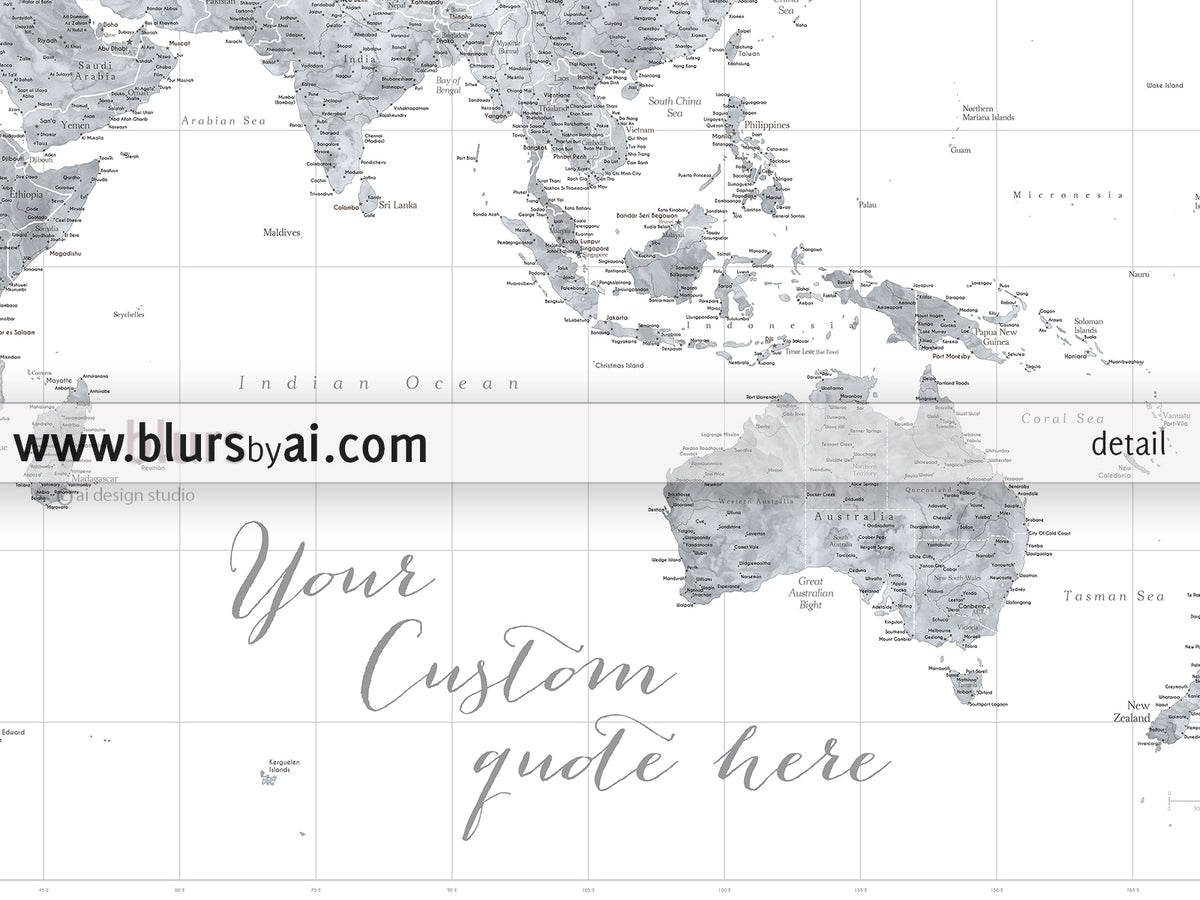 Custom world map print - highly detailed map with cities in grayscale watercolor. "Jimmy"