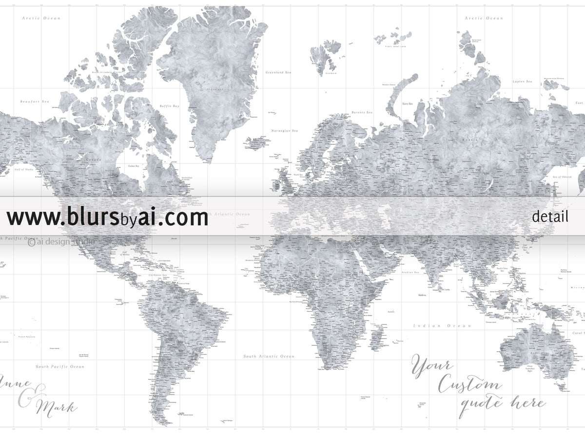 Custom world map print - highly detailed map with cities in grayscale watercolor. "Jimmy"