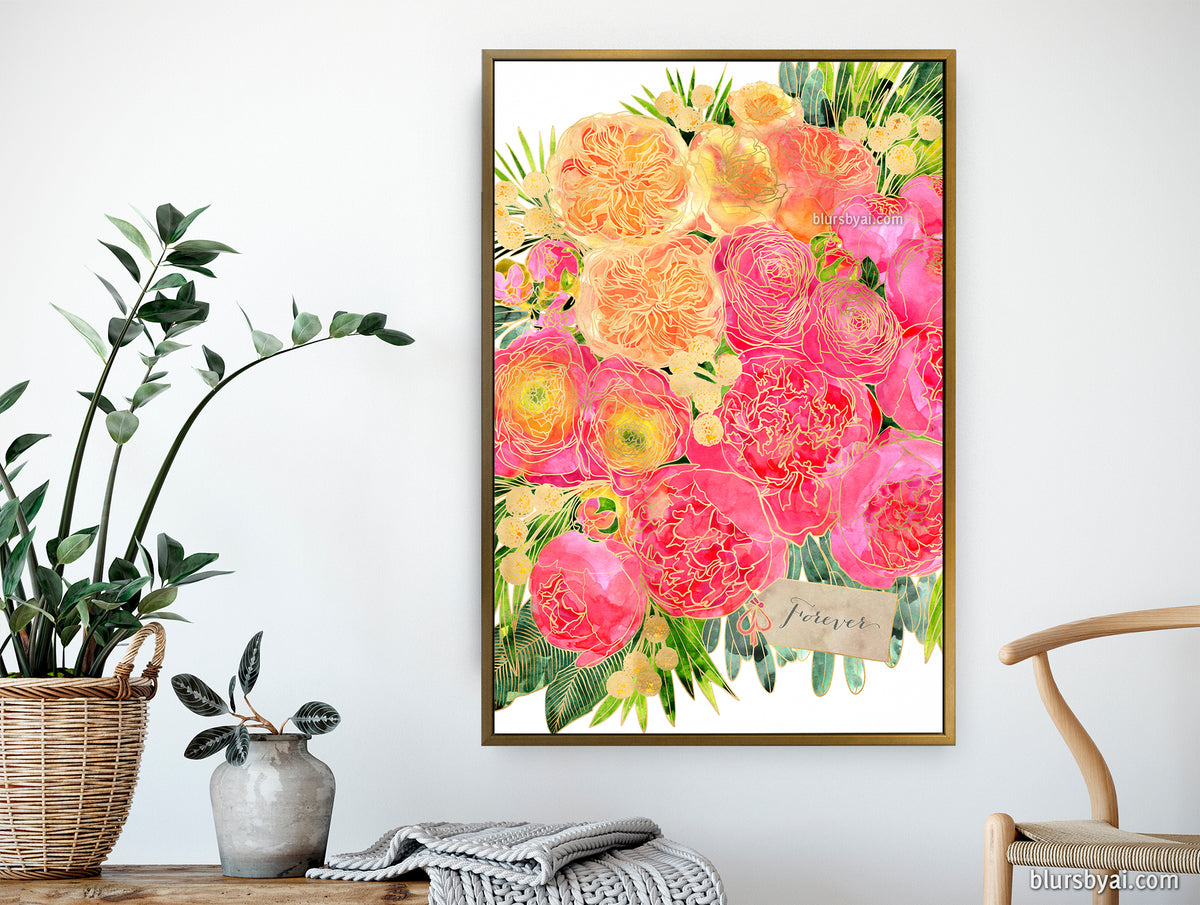 A bouquet of peonies that won't wither: "Rekha" floral bouquet in pink and orange as personalized canvas print with optional frame