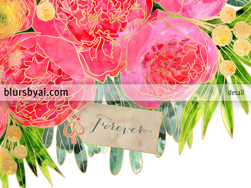 Custom art print - A peony bouquet that won't wither, "Rekha" in pink and orange