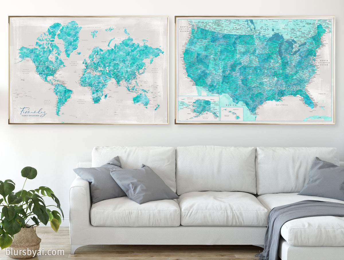 Set of two map prints on paper: USA and the world in matching style. "Harriet"