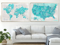 Set of two map prints on paper: USA and the world in matching style. "Harriet"
