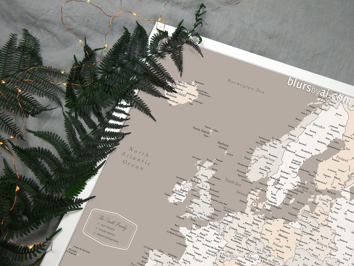 Custom map print: map of Europe with countries and cities in light earth tones