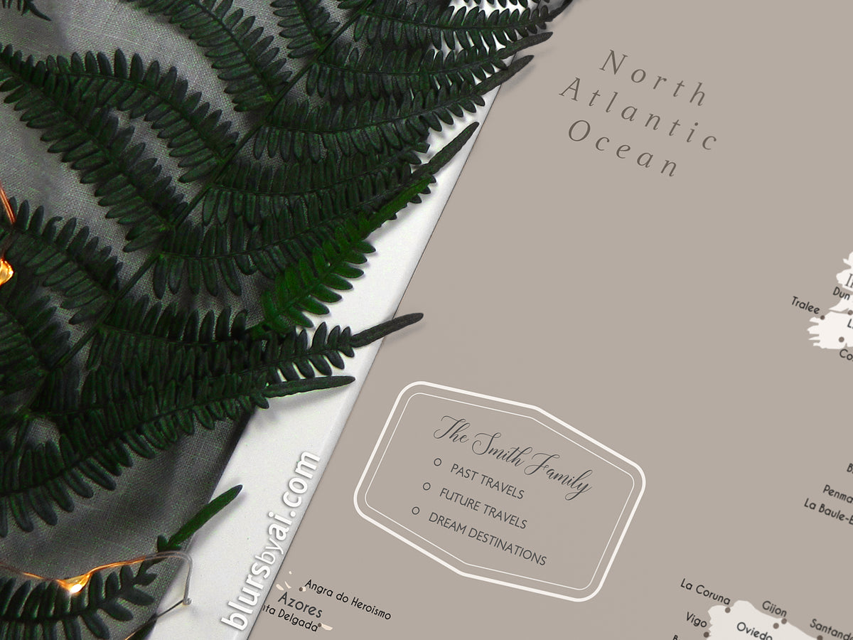 Custom map print: map of Europe with countries and cities in light earth tones