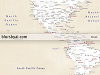 Custom print: world map with cities in white, cream, navy blue and red. "Deuce"