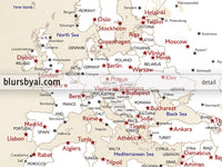 Custom print: world map with cities in white, cream, navy blue and red. "Deuce"