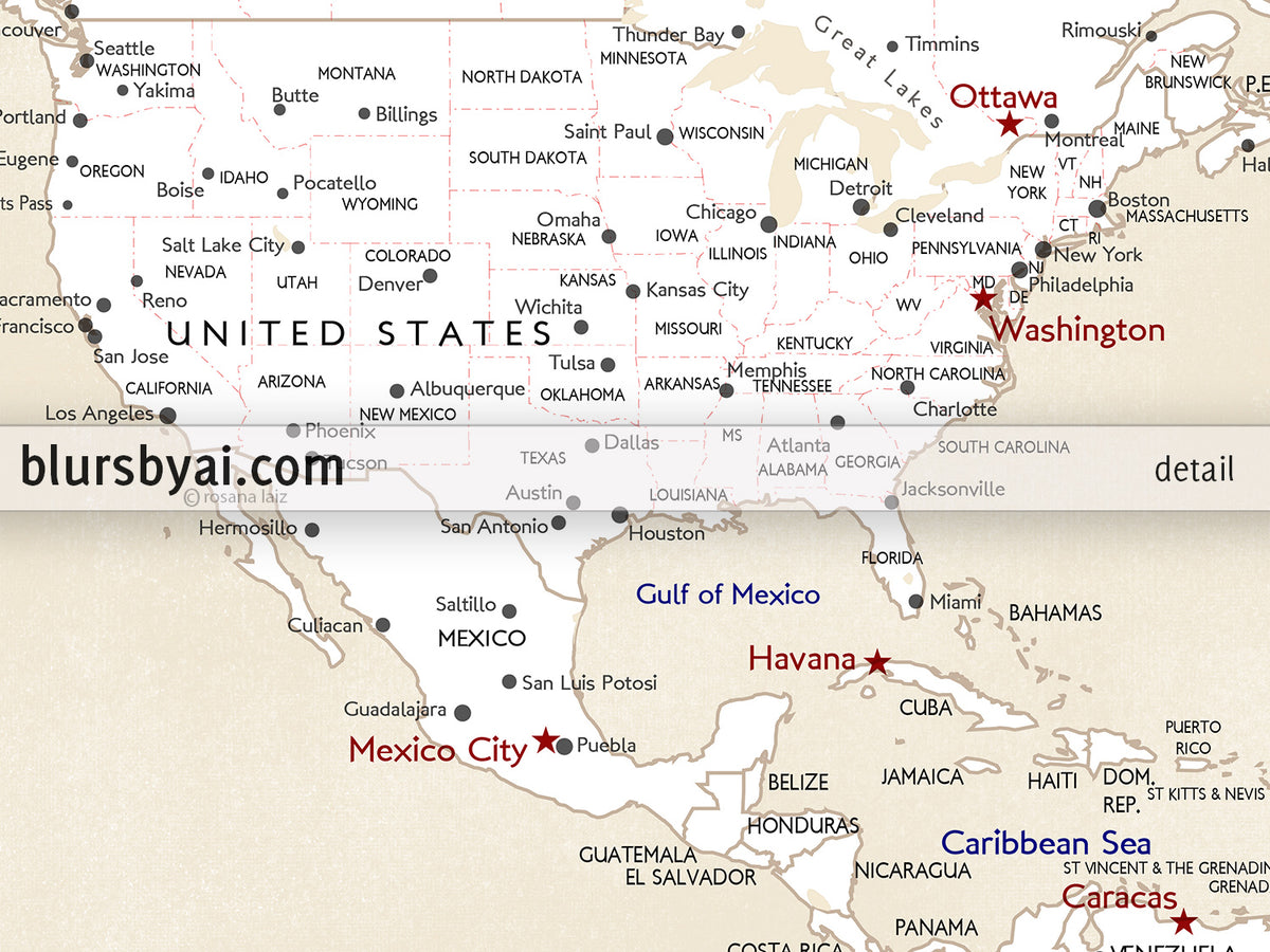 Custom print: world map with cities in white, cream, navy blue and red. "Deuce"