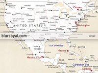 Custom print: world map with cities in white, cream, navy blue and red. "Deuce"