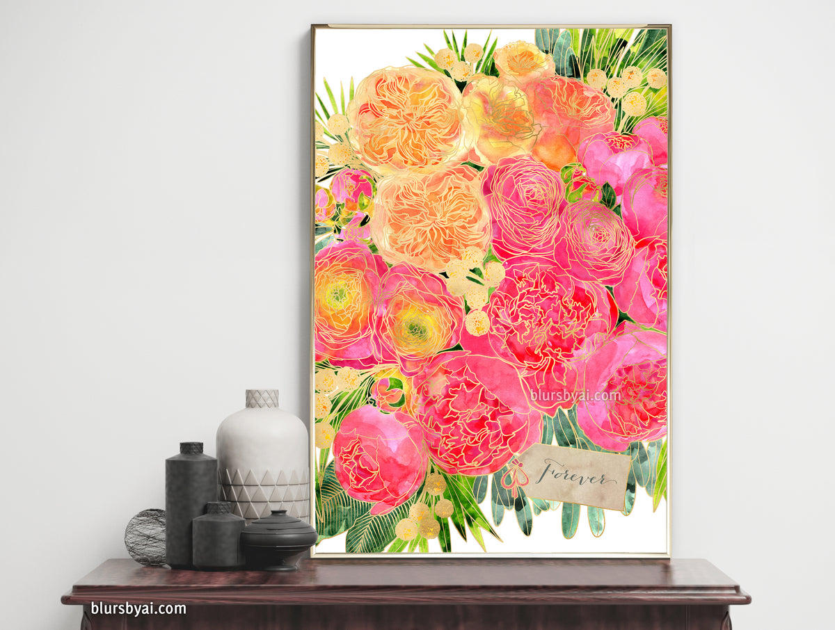 Custom art print - A peony bouquet that won't wither, "Rekha" in pink and orange