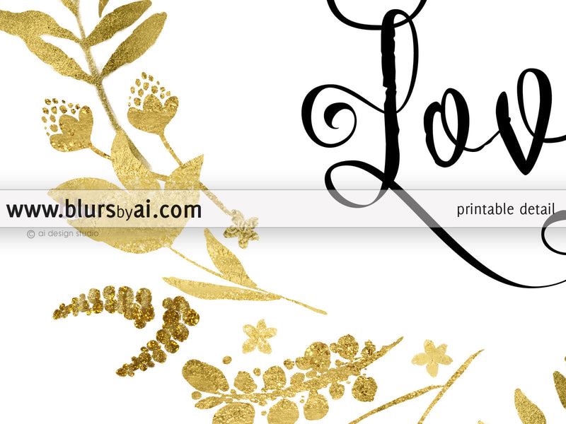 Fall in love, printable fall decor featuring gold flowers and leaves wreath - Personal use