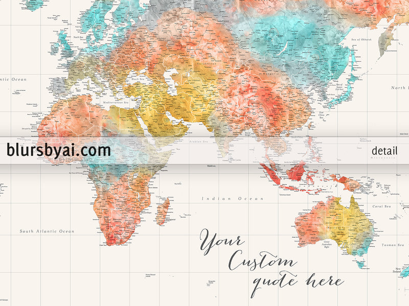Custom world map print - highly detailed map with cities in modern watercolor style. "Fifi"