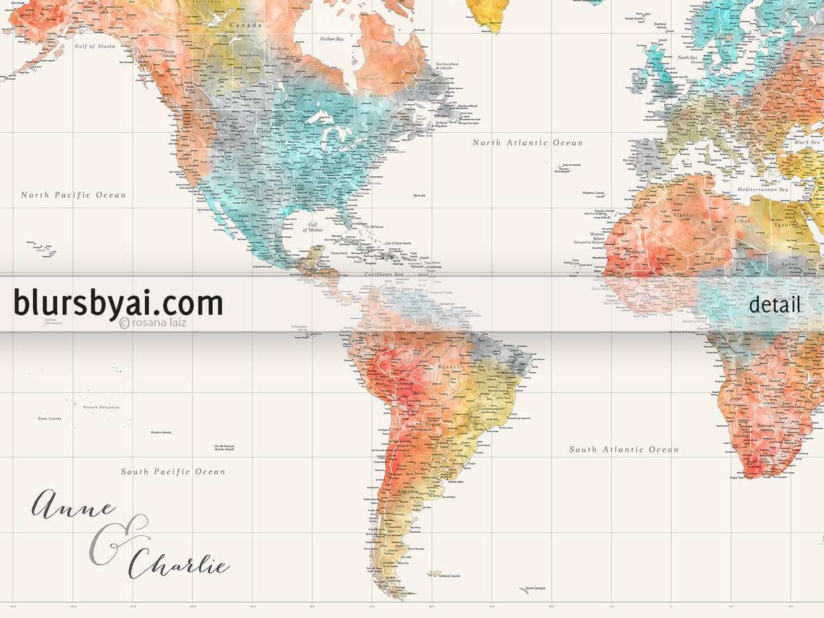 Custom world map print - highly detailed map with cities in modern watercolor style. "Fifi"