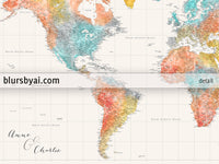 Custom world map print - highly detailed map with cities in modern watercolor style. "Fifi"