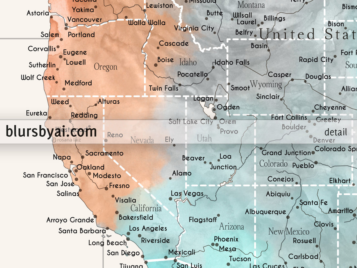 Custom world map print - highly detailed map with cities in modern watercolor style. "Fifi"