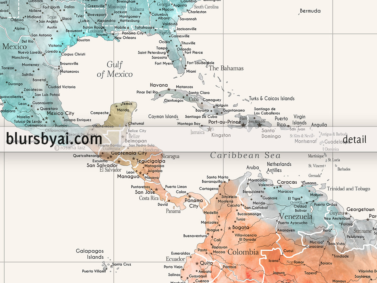 Custom world map print - highly detailed map with cities in modern watercolor style. "Fifi"