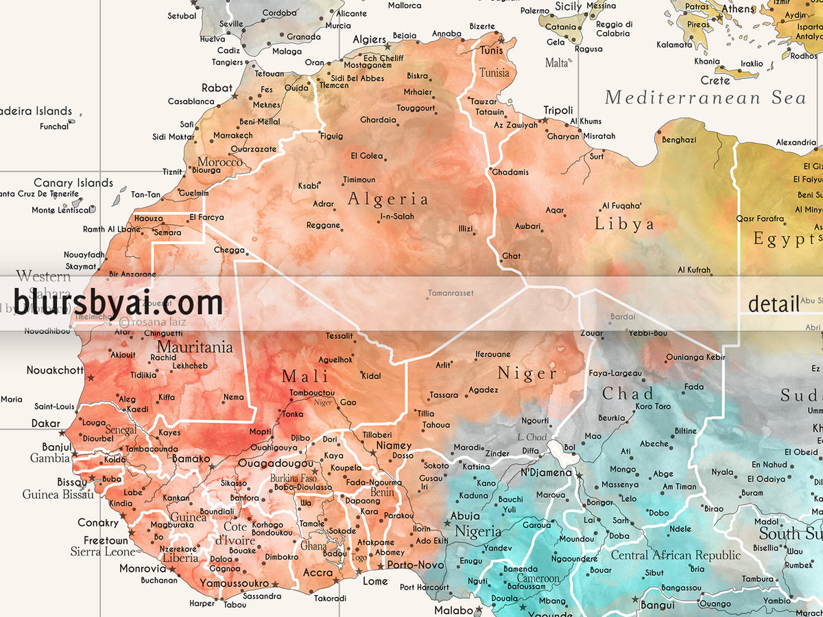 Custom world map print - highly detailed map with cities in modern watercolor style. "Fifi"
