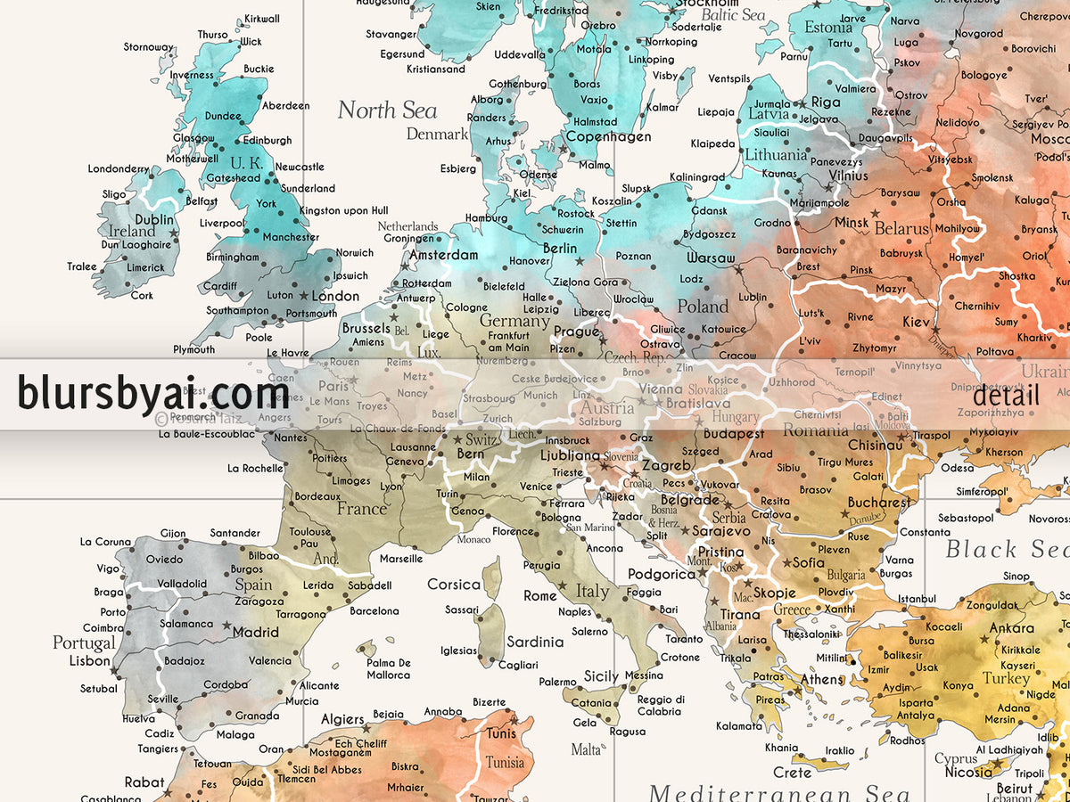 Custom world map print - highly detailed map with cities in modern watercolor style. "Fifi"