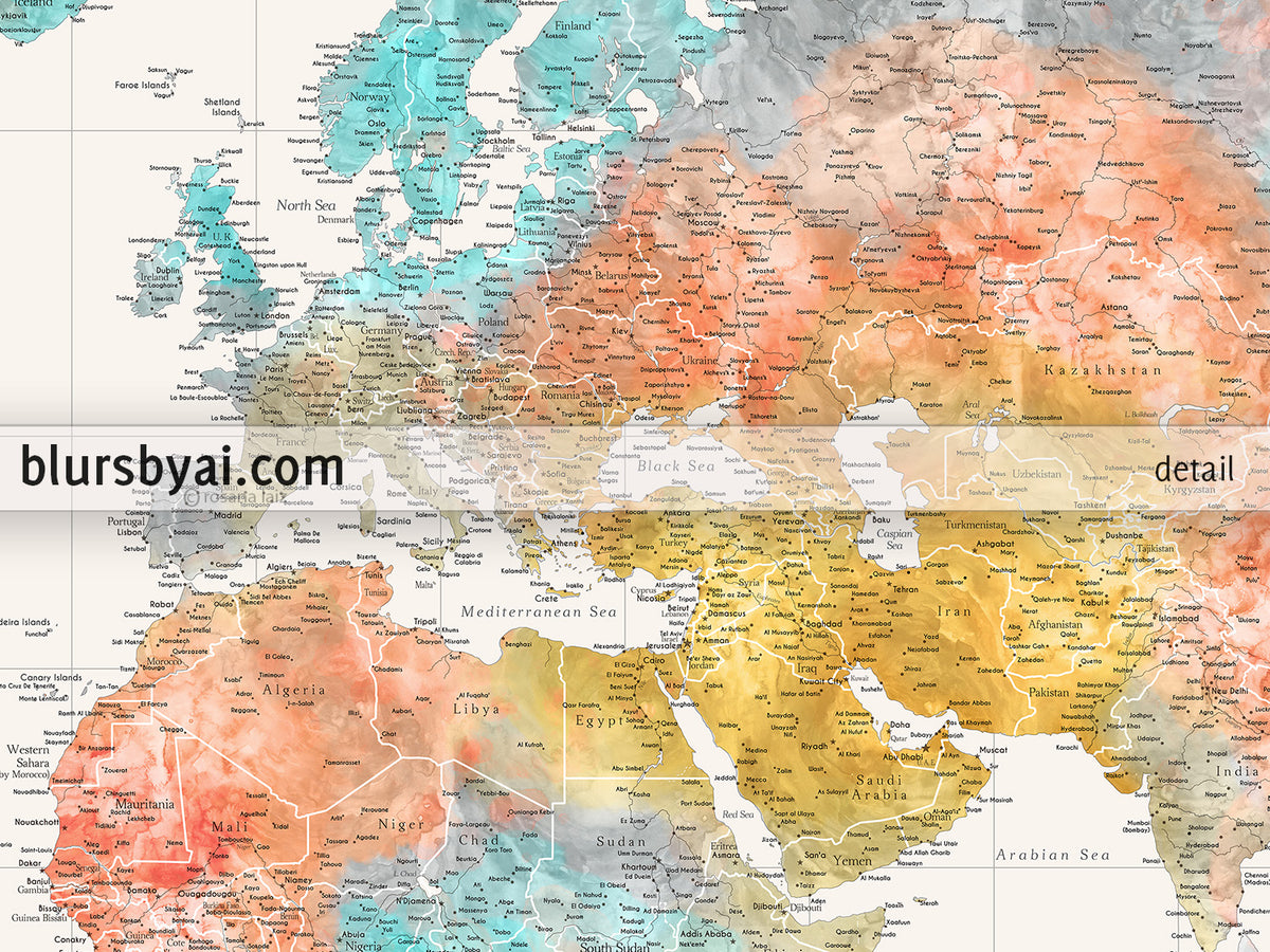 Custom world map print - highly detailed map with cities in modern watercolor style. "Fifi"