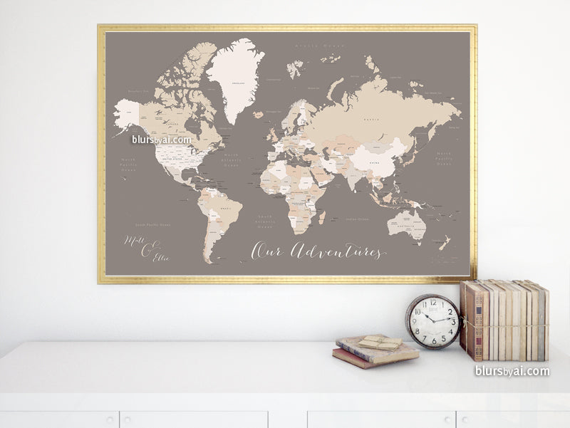 Custom map print: world map with countries and states in brown and cream. "Earth tones"