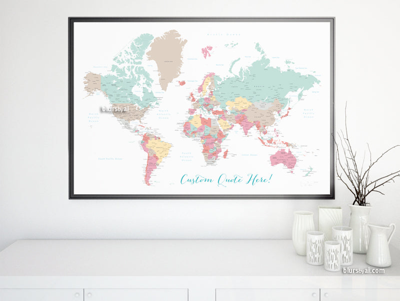 Custom print: world map with cities in soft colors. "Pretty pastels"