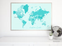 Custom color art print on paper: bespoke world map with cities