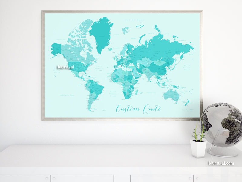 Custom color art print on paper: bespoke world map with cities