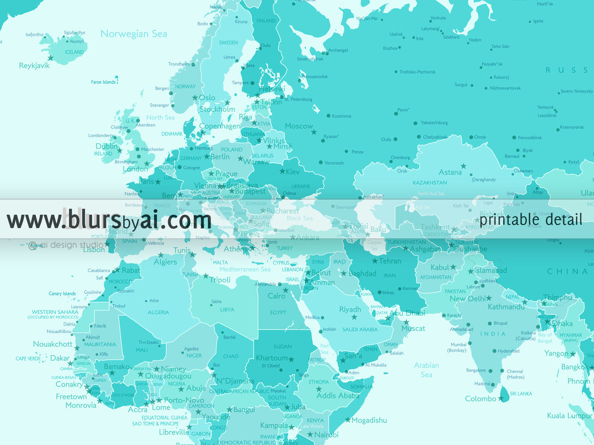 Custom color art print on paper: bespoke world map with cities