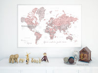 Custom print: world map with cities in dusty pink and grey. "Piper"