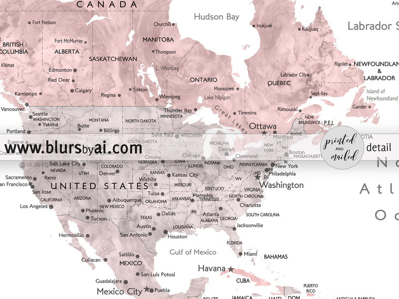 Custom print: world map with cities in dusty pink and grey. "Piper"