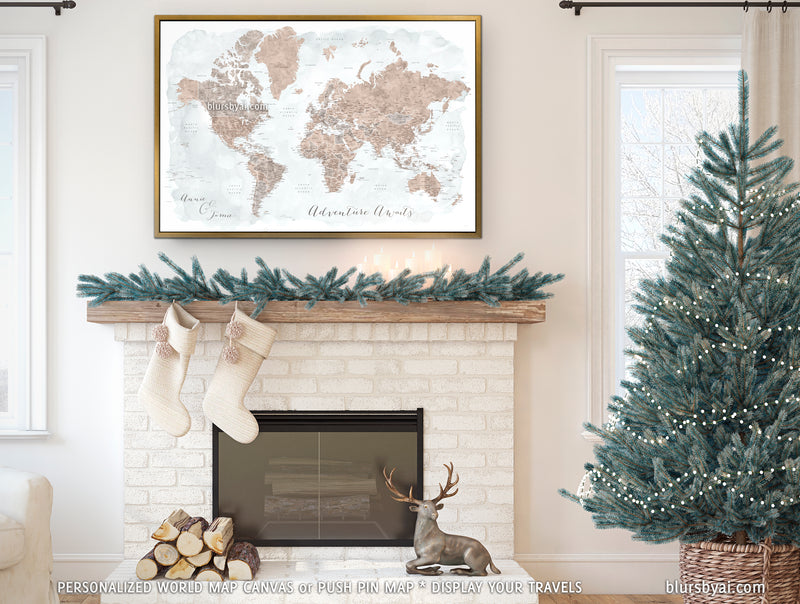 Custom world map with US state capitals, cities, states and countries, canvas print or push pin map in neutrals. "Calista"