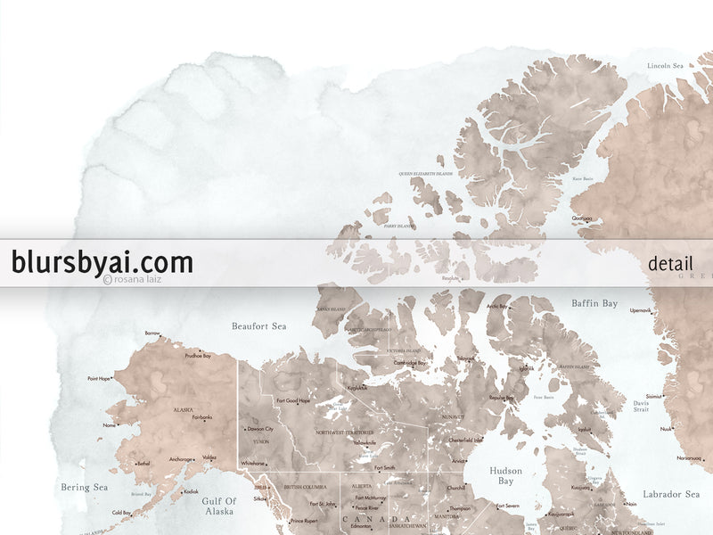 Art print on paper: custom world map with state capitals, cities and countries in neutral watercolor. "Calista"