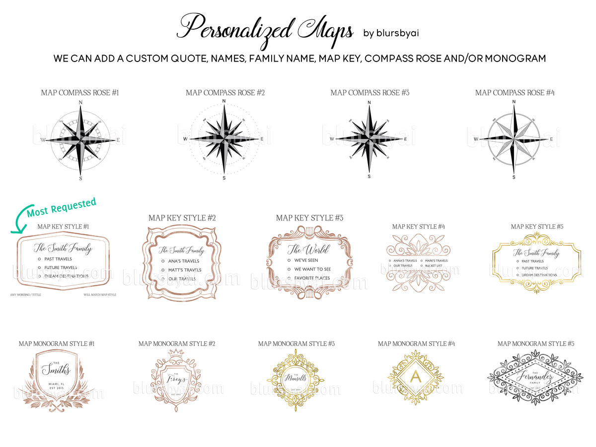 Custom world map with cities, canvas print or push pin map in muted green and brown watercolor. "Oriole"