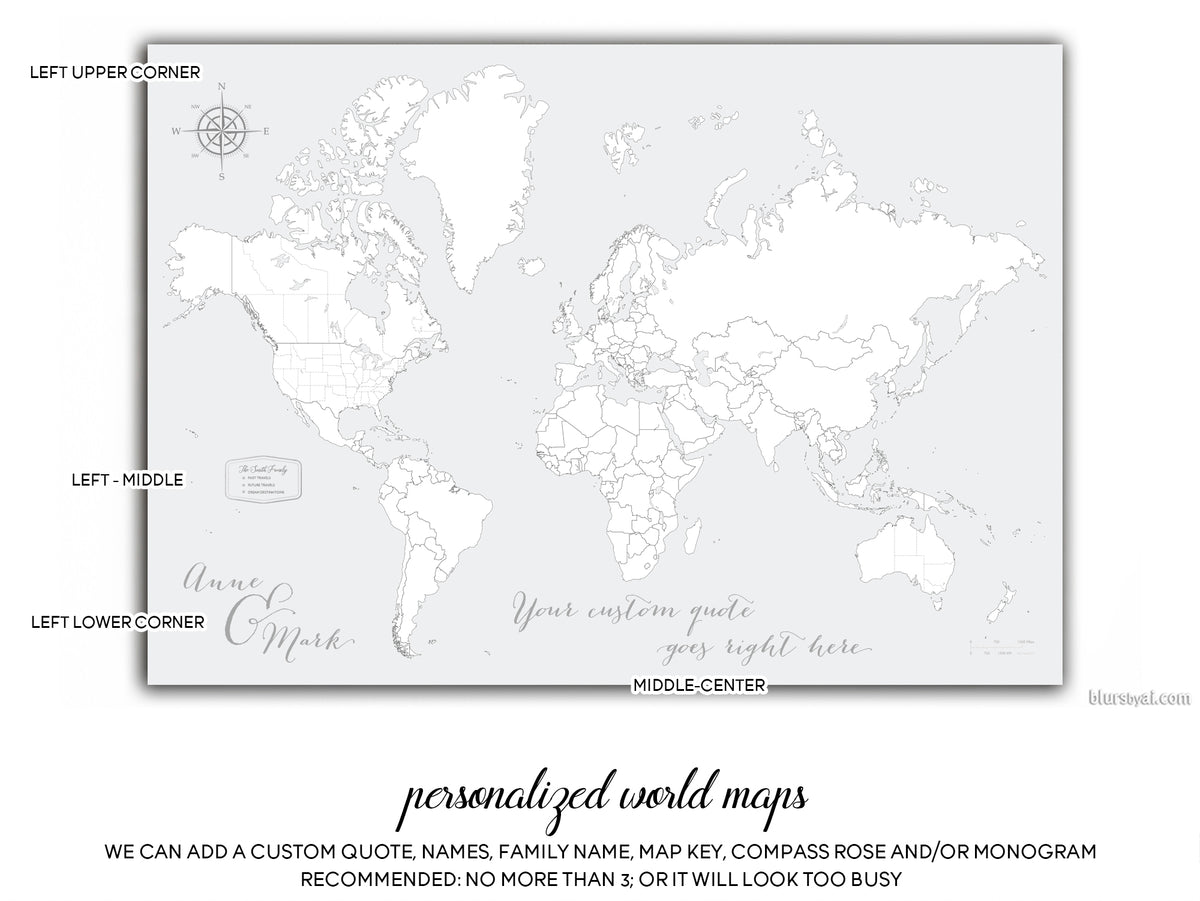 Custom world map print - highly detailed map with cities in light brown and blue watercolor. "Hudson"