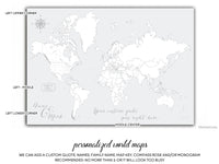 Custom world map print - highly detailed map with cities in muted green, yellow and grey watercolor. "Oriole"