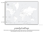 Custom large & highly detailed world map canvas print or push pin map. "Rossie"