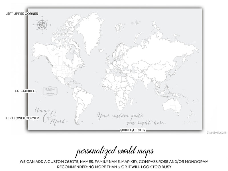 Custom world map with US state capitals, cities, states and countries, canvas print or push pin map in grayscale watercolor . "Jimmy"