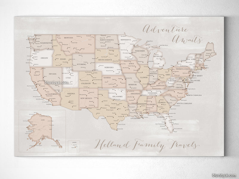Custom US map, canvas print or push pin map in rustic farmhouse style. "Lucille"
