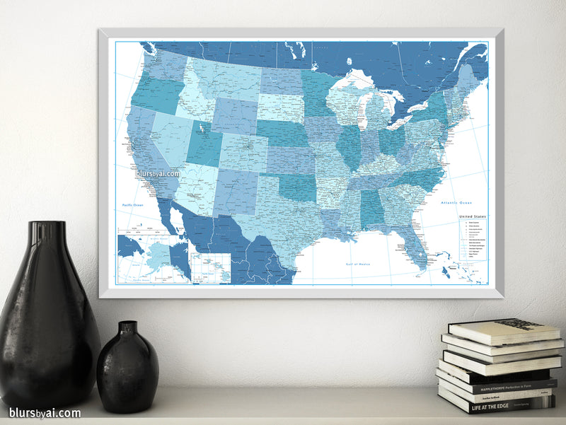 Custom US map print: highly detailed map of the US with roads. "Ethan"