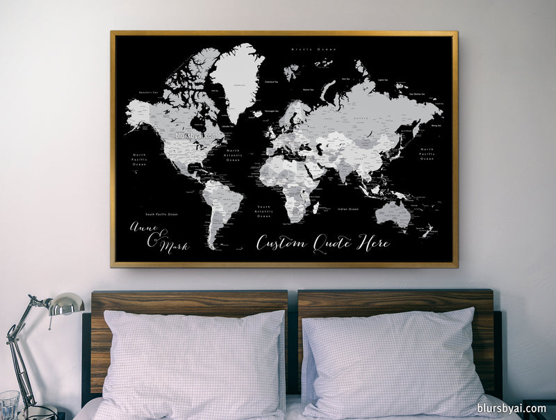 Custom quote printable world map with cities, capitals, countries, US States... labeled. "Joseph"