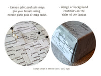 Custom world map with cities, canvas print or push pin map in rustic style. "Lucille"