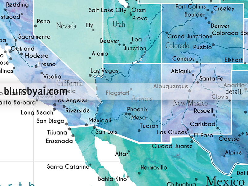Custom map print: USA, Mexico and the Caribbean Sea in turquoise watercolor. "Peaceful waters"